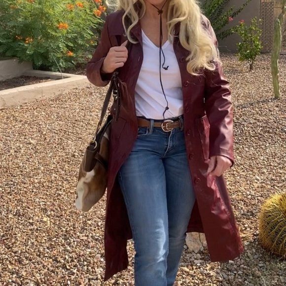 Vintage Jackets & Blazers - Ox blood red brown leather duster trench coat